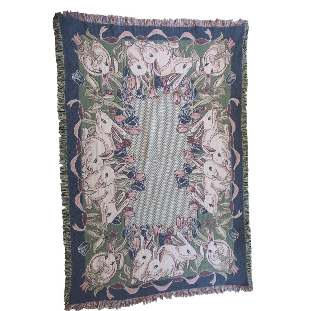 Vintage MWW Tapestry Blanket Spring Flowers Rabbits Easter Tulips Bunny 1992 90s